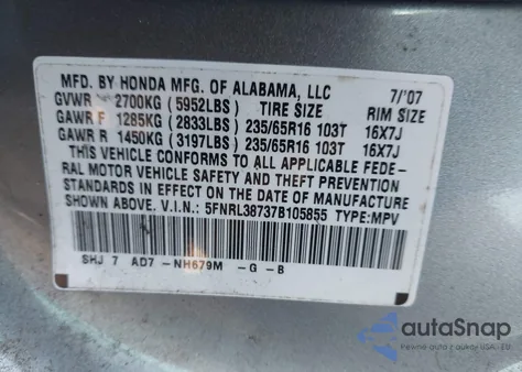 2007 Honda Odyssey Ex-L z USA, uszkodzony, nr VIN 5FNRL38737B105855